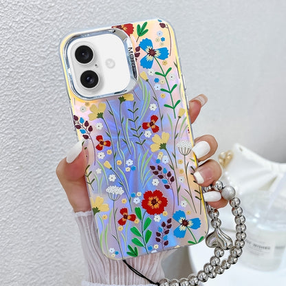 For iPhone 16 Electroplating Laser Flower Phone Case with Wrist Strap(Flower AH6) - iPhone 16 Cases by PMC Jewellery | Online Shopping South Africa | PMC Jewellery | Buy Now Pay Later Mobicred