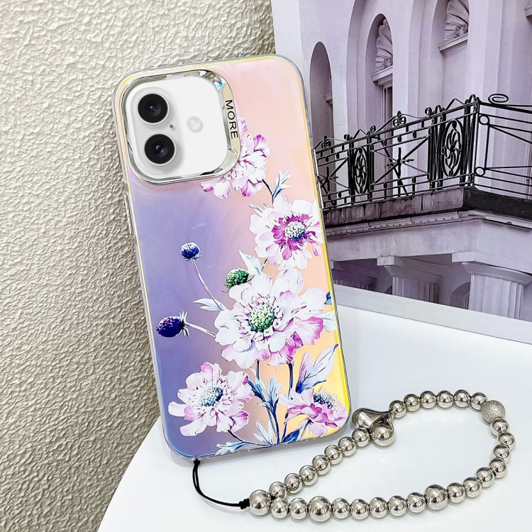 For iPhone 16 Electroplating Laser Flower Phone Case with Wrist Strap(Zinnia AH9) - iPhone 16 Cases by PMC TechLife | Online Shopping South Africa | PMC TechLife | Buy Now Pay Later Mobicred