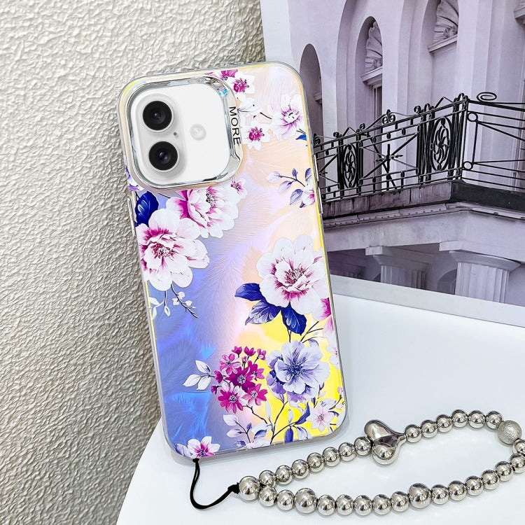 For iPhone 16 Electroplating Laser Flower Phone Case with Wrist Strap(Peony AH11) - iPhone 16 Cases by PMC Jewellery | Online Shopping South Africa | PMC Jewellery | Buy Now Pay Later Mobicred