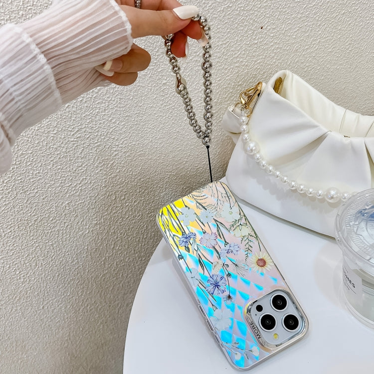 For iPhone 16 Electroplating Laser Flower Phone Case with Wrist Strap(Zinnia AH9) - iPhone 16 Cases by PMC TechLife | Online Shopping South Africa | PMC TechLife | Buy Now Pay Later Mobicred