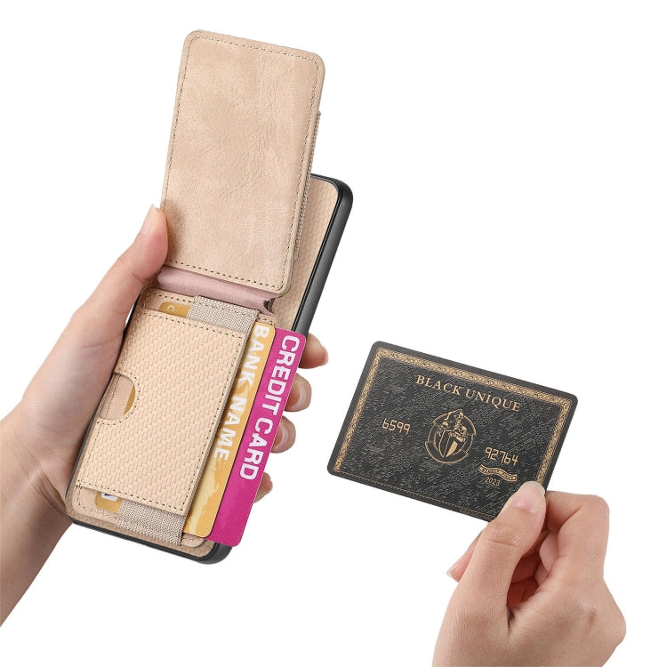 For Samsung Galaxy S25 5G Carbon Fiber Vertical Flip Wallet Stand Phone Case(Khaki) - Galaxy S25 5G Cases by PMC Jewellery | Online Shopping South Africa | PMC Jewellery | Buy Now Pay Later Mobicred