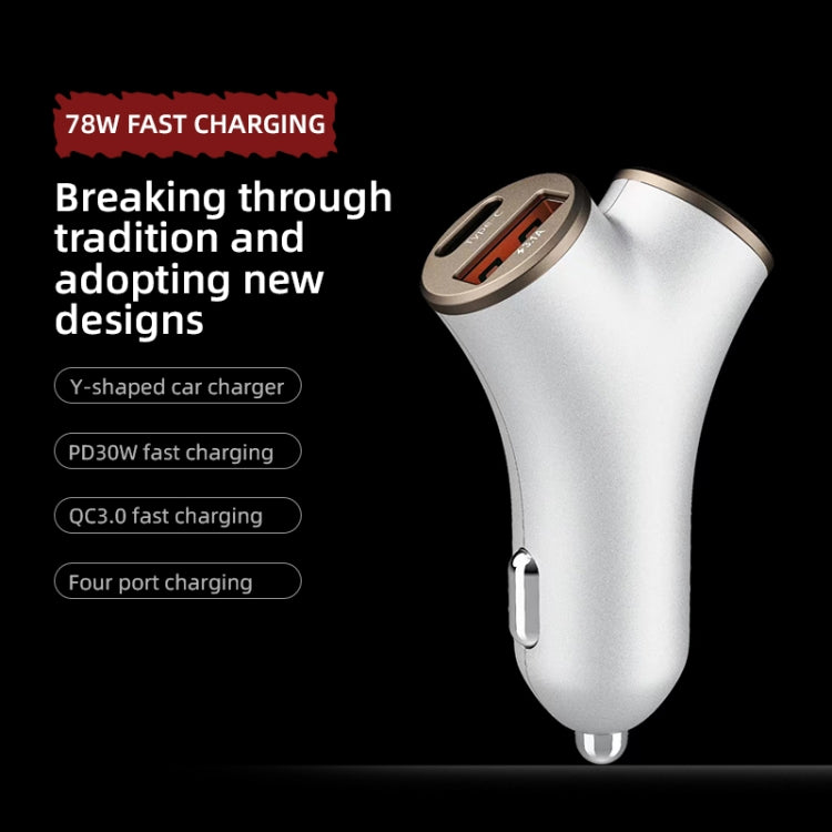 A2 2 USB + 2 Type-C Phone Fast Charging Power Adapter 78W Y-Shaped Car Charger(Black) - Car Charger by PMC Jewellery | Online Shopping South Africa | PMC Jewellery | Buy Now Pay Later Mobicred