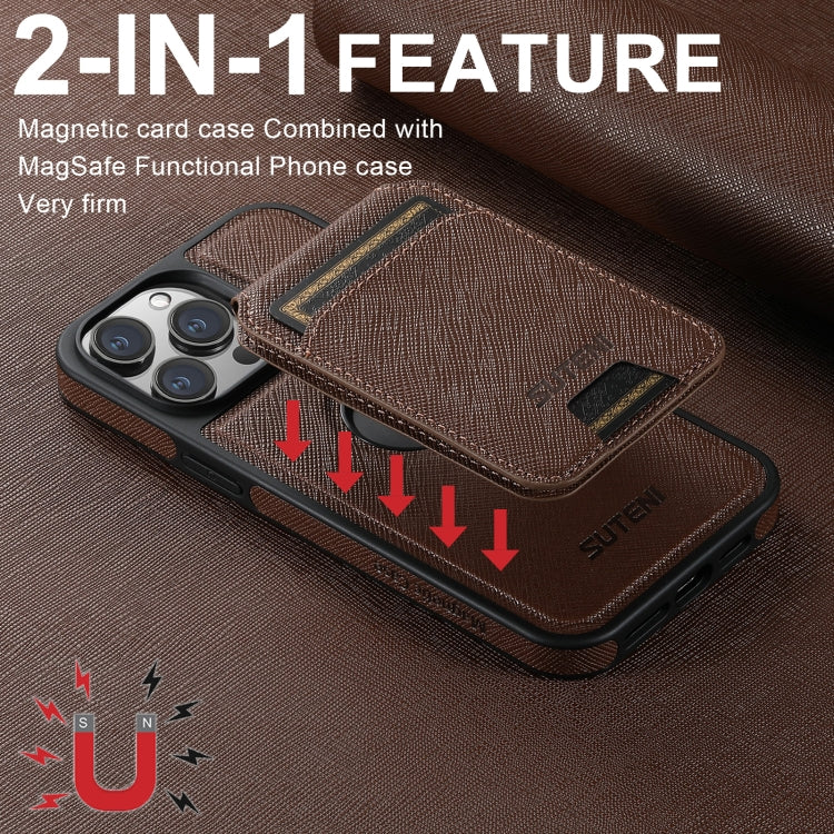 For iPhone 13 Pro Max Suteni M2 Cross-Grain MagSafe Vertical Card Back Phone Case(Brown) - iPhone 13 Pro Max Cases by Suteni | Online Shopping South Africa | PMC Jewellery | Buy Now Pay Later Mobicred