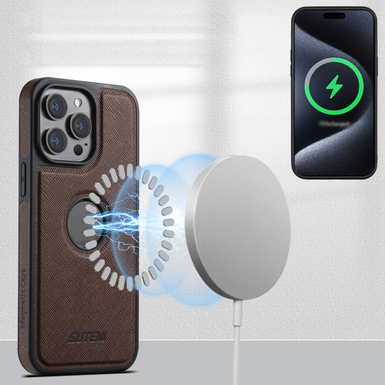 For iPhone 13 Pro Max Suteni M2 Cross-Grain MagSafe Vertical Card Back Phone Case(Brown) - iPhone 13 Pro Max Cases by Suteni | Online Shopping South Africa | PMC Jewellery | Buy Now Pay Later Mobicred