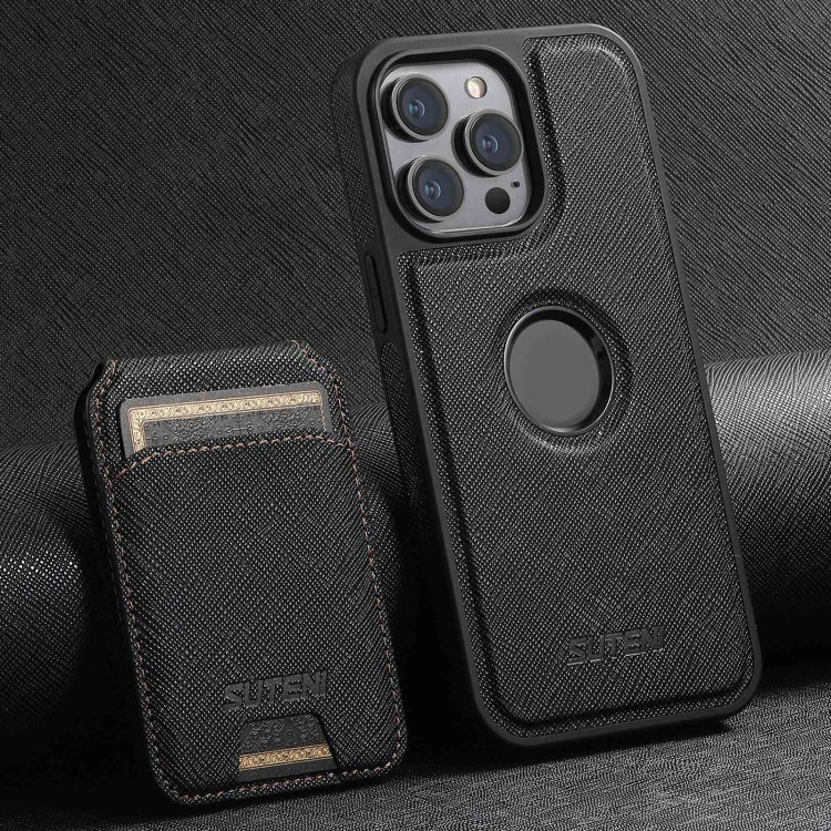 For iPhone 13 Pro Suteni M2 Cross-Grain MagSafe Vertical Card Back Phone Case(Black) - free shipping - PMC Jewellery - Order now!
