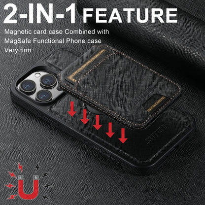 For iPhone 16 Plus Suteni M2 Cross-Grain MagSafe Vertical Card Back Phone Case(Black) - iPhone 16 Plus Cases by Suteni | Online Shopping South Africa | PMC Jewellery | Buy Now Pay Later Mobicred