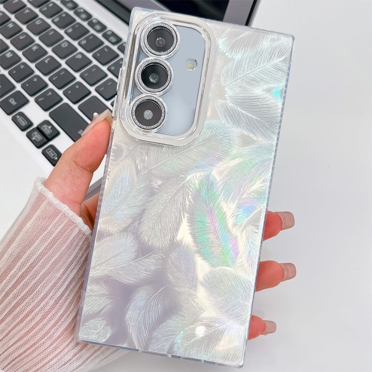 For Samsung Galaxy S25 5G Plating Glitter Texture TPU Phone Case with Lens Film(White Feathers) - Galaxy S25 5G Cases by PMC Jewellery | Online Shopping South Africa | PMC Jewellery | Buy Now Pay Later Mobicred