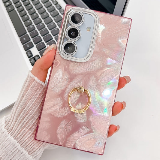 For Samsung Galaxy S25 5G Plating Glitter Texture Ring Holder TPU Phone Case with Lens Film(Pink Feathers) - Galaxy S25 5G Cases by PMC Jewellery | Online Shopping South Africa | PMC Jewellery | Buy Now Pay Later Mobicred