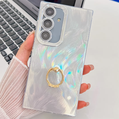 For Samsung Galaxy S25 5G Plating Glitter Texture Ring Holder TPU Phone Case with Lens Film(White Feather Yarn) - Galaxy S25 5G Cases by PMC Jewellery | Online Shopping South Africa | PMC Jewellery | Buy Now Pay Later Mobicred