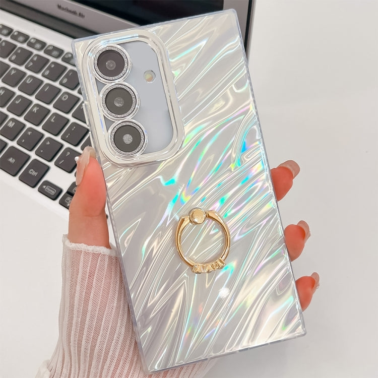 For Samsung Galaxy S25+ 5G Plating Glitter Texture Ring Holder TPU Phone Case with Lens Film(White Water Ripples) - Galaxy S25+ 5G Cases by PMC Jewellery | Online Shopping South Africa | PMC Jewellery | Buy Now Pay Later Mobicred