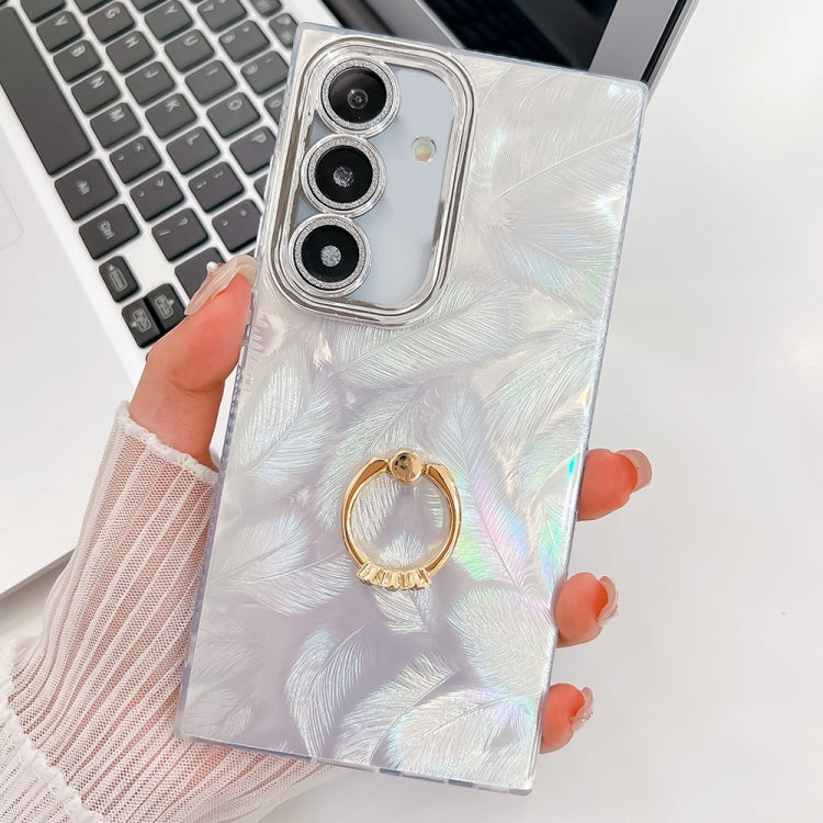 For Samsung Galaxy S25+ 5G Plating Glitter Texture Ring Holder TPU Phone Case with Lens Film(White Feathers) - Galaxy S25+ 5G Cases by PMC Jewellery | Online Shopping South Africa | PMC Jewellery | Buy Now Pay Later Mobicred