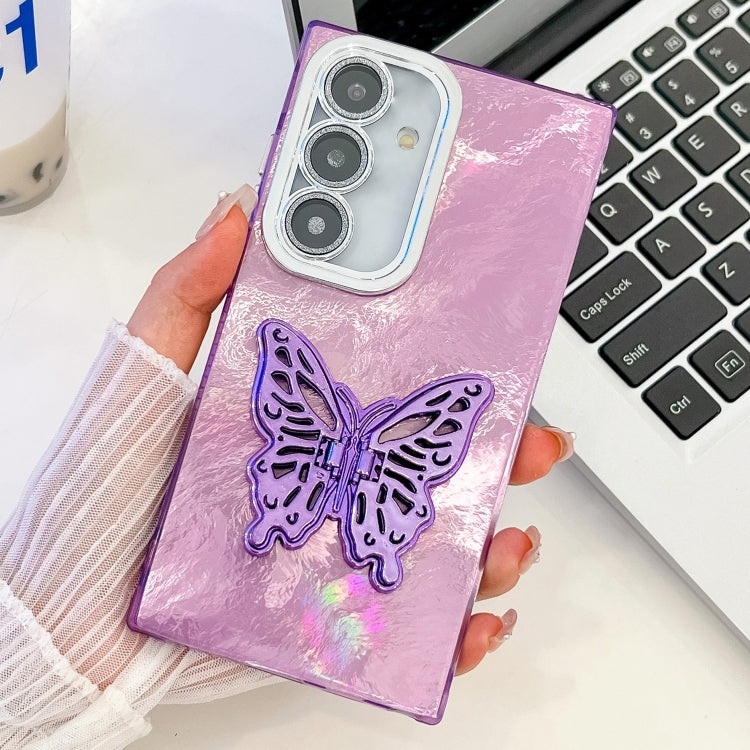 For Samsung Galaxy S25 5G Plating Glitter Texture Butterfly Holder TPU Phone Case with Lens Film(Purple Tinfoil Texture) - Galaxy S25 5G Cases by PMC Jewellery | Online Shopping South Africa | PMC Jewellery | Buy Now Pay Later Mobicred