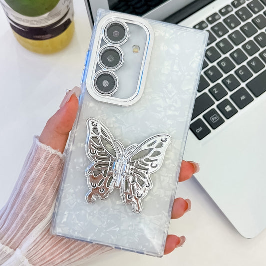 For Samsung Galaxy S25+ 5G Plating Glitter Texture Butterfly Holder TPU Phone Case with Lens Film(White Shell Pattern) - Galaxy S25+ 5G Cases by PMC Jewellery | Online Shopping South Africa | PMC Jewellery | Buy Now Pay Later Mobicred