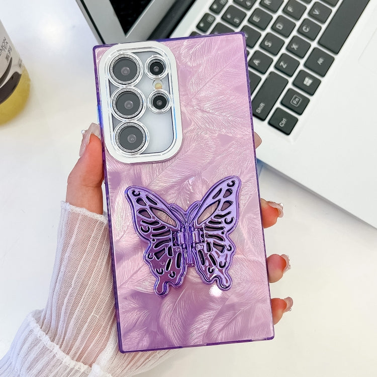 For Samsung Galaxy S25 Ultra 5G Plating Glitter Texture Butterfly Holder TPU Phone Case with Lens Film(Purple Feathers) - Galaxy S25 Ultra 5G Cases by PMC Jewellery | Online Shopping South Africa | PMC Jewellery | Buy Now Pay Later Mobicred