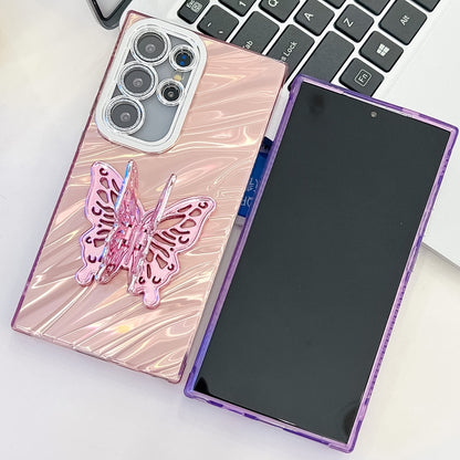 For Samsung Galaxy S25+ 5G Plating Glitter Texture Butterfly Holder TPU Phone Case with Lens Film(Pink Wrinkles) - Galaxy S25+ 5G Cases by PMC Jewellery | Online Shopping South Africa | PMC Jewellery | Buy Now Pay Later Mobicred