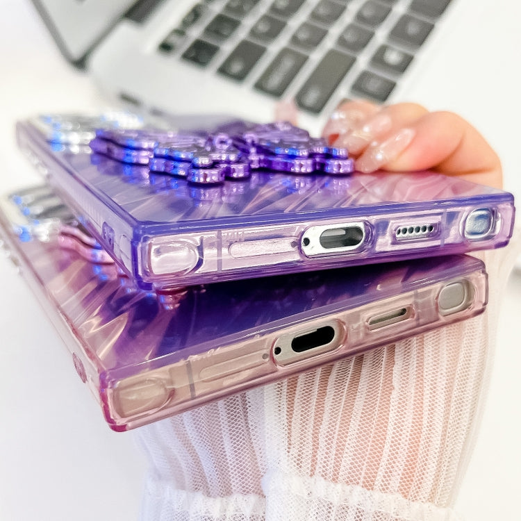 For Samsung Galaxy S25 Ultra 5G Plating Glitter Texture Butterfly Holder TPU Phone Case with Lens Film(Purple Feathers) - Galaxy S25 Ultra 5G Cases by PMC Jewellery | Online Shopping South Africa | PMC Jewellery | Buy Now Pay Later Mobicred