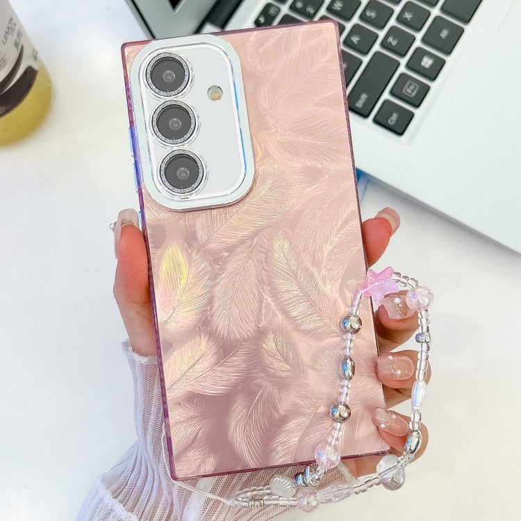 For Samsung Galaxy S25 5G Plating Glitter Texture Chain Wristband TPU Phone Case with Lens Film(Pink Feathers) - Galaxy S25 5G Cases by PMC Jewellery | Online Shopping South Africa | PMC Jewellery | Buy Now Pay Later Mobicred