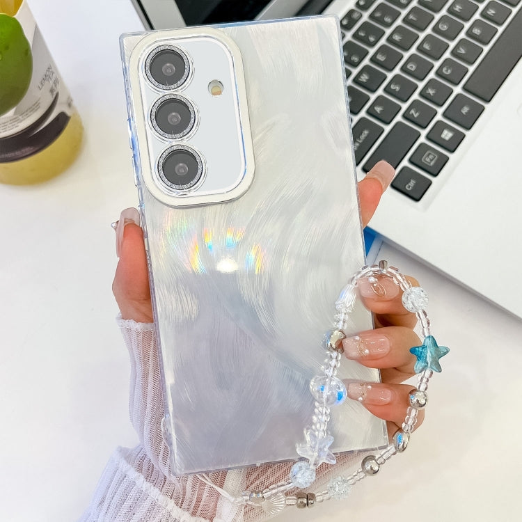 For Samsung Galaxy S25 5G Plating Glitter Texture Chain Wristband TPU Phone Case with Lens Film(White Feather Yarn) - Galaxy S25 5G Cases by PMC Jewellery | Online Shopping South Africa | PMC Jewellery | Buy Now Pay Later Mobicred