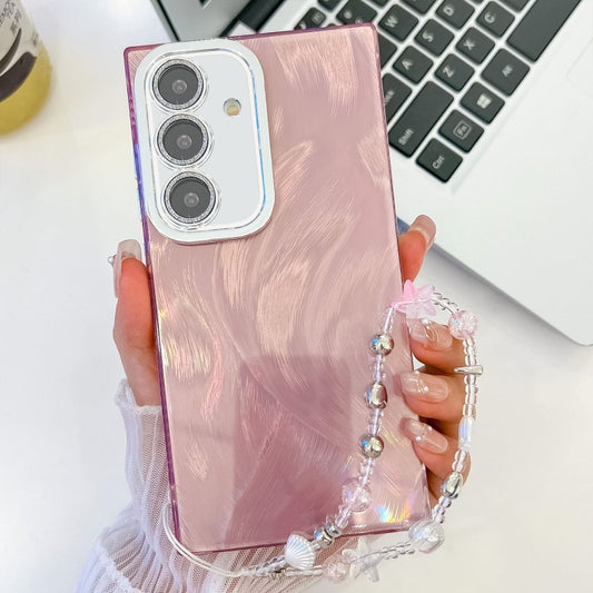 For Samsung Galaxy S25 5G Plating Glitter Texture Chain Wristband TPU Phone Case with Lens Film(Pink Feather Yarn) - Galaxy S25 5G Cases by PMC Jewellery | Online Shopping South Africa | PMC Jewellery | Buy Now Pay Later Mobicred