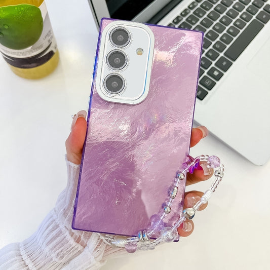 For Samsung Galaxy S25 5G Plating Glitter Texture Chain Wristband TPU Phone Case with Lens Film(Purple Tinfoil Texture) - Galaxy S25 5G Cases by PMC Jewellery | Online Shopping South Africa | PMC Jewellery | Buy Now Pay Later Mobicred