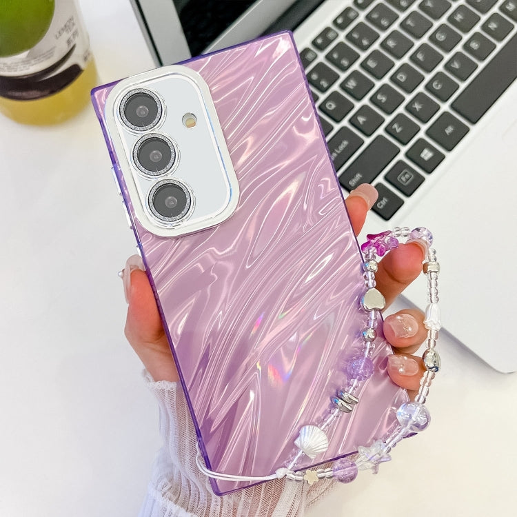 For Samsung Galaxy S25+ 5G Plating Glitter Texture Chain Wristband TPU Phone Case with Lens Film(Purple Water Ripples) - Galaxy S25+ 5G Cases by PMC Jewellery | Online Shopping South Africa | PMC Jewellery | Buy Now Pay Later Mobicred