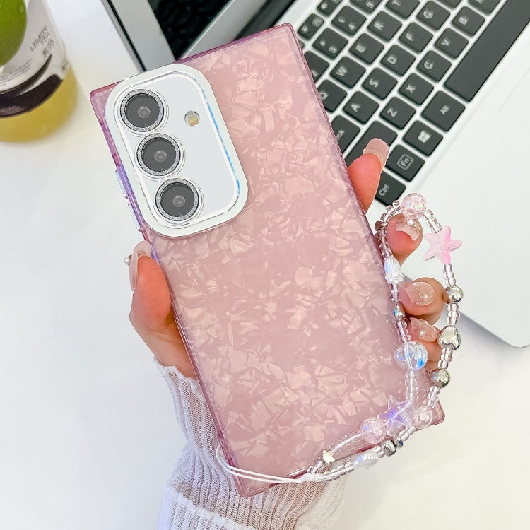 For Samsung Galaxy S25+ 5G Plating Glitter Texture Chain Wristband TPU Phone Case with Lens Film(Pink Shell Pattern) - Galaxy S25+ 5G Cases by PMC Jewellery | Online Shopping South Africa | PMC Jewellery | Buy Now Pay Later Mobicred