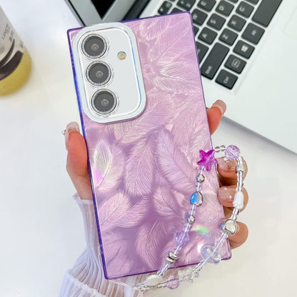 For Samsung Galaxy S25+ 5G Plating Glitter Texture Chain Wristband TPU Phone Case with Lens Film(Purple Feathers) - Galaxy S25+ 5G Cases by PMC Jewellery | Online Shopping South Africa | PMC Jewellery | Buy Now Pay Later Mobicred