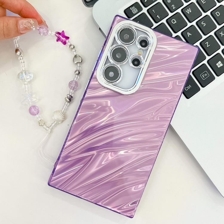 For Samsung Galaxy S25 5G Plating Glitter Texture Chain Wristband TPU Phone Case with Lens Film(Purple Feathers) - Galaxy S25 5G Cases by PMC Jewellery | Online Shopping South Africa | PMC Jewellery | Buy Now Pay Later Mobicred