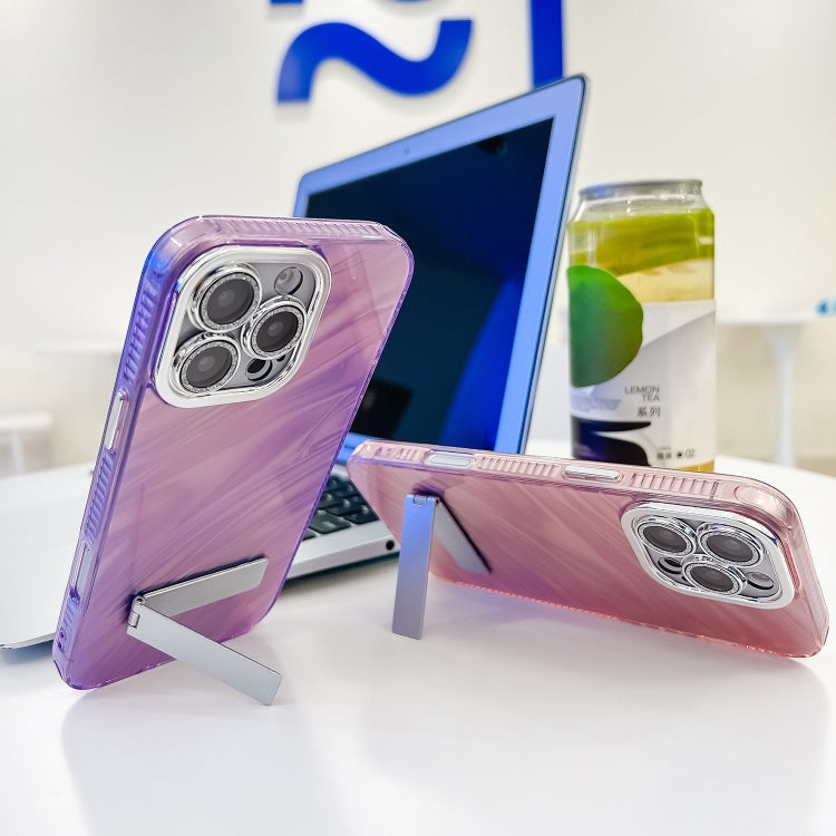 For iPhone 16e Plating Glitter Texture Fold Holder TPU Phone Case with Lens Film(White Water Ripples) - iPhone 16e Cases by PMC TechLife | Online Shopping South Africa | PMC TechLife | Buy Now Pay Later Mobicred
