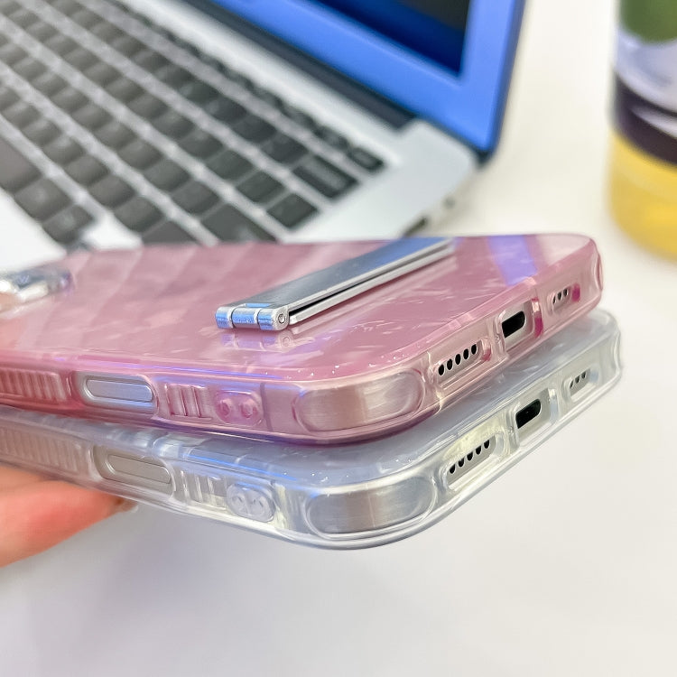 For iPhone 16e Plating Glitter Texture Fold Holder TPU Phone Case with Lens Film(White Feather Yarn) - iPhone 16e Cases by PMC TechLife | Online Shopping South Africa | PMC TechLife | Buy Now Pay Later Mobicred