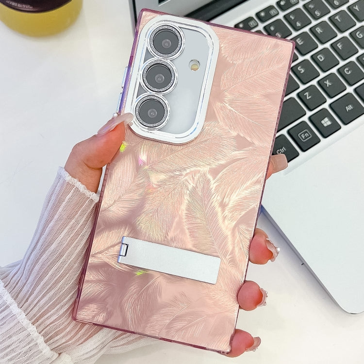 For Samsung Galaxy S25 5G Plating Glitter Texture Fold Holder TPU Phone Case with Lens Film(Pink Feathers) - Galaxy S25 5G Cases by PMC Jewellery | Online Shopping South Africa | PMC Jewellery | Buy Now Pay Later Mobicred