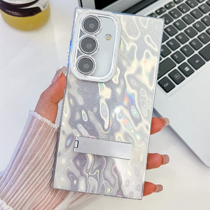 For Samsung Galaxy S25 5G Plating Glitter Texture Fold Holder TPU Phone Case with Lens Film(White Wrinkles) - Galaxy S25 5G Cases by PMC Jewellery | Online Shopping South Africa | PMC Jewellery | Buy Now Pay Later Mobicred