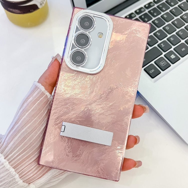 For Samsung Galaxy S25 5G Plating Glitter Texture Fold Holder TPU Phone Case with Lens Film(Pink Tinfoil Texture) - free shipping - PMC Jewellery - Order now!