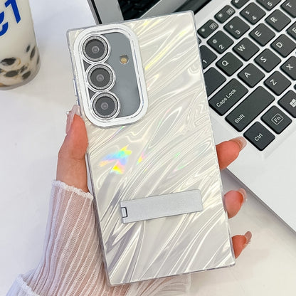 For Samsung Galaxy S25+ 5G Plating Glitter Texture Fold Holder TPU Phone Case with Lens Film(White Water Ripples) - Galaxy S25+ 5G Cases by PMC Jewellery | Online Shopping South Africa | PMC Jewellery | Buy Now Pay Later Mobicred