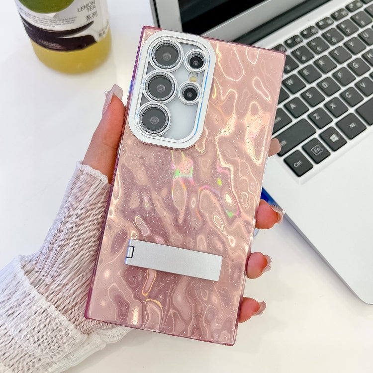 For Samsung Galaxy S25 Ultra 5G Plating Glitter Texture Fold Holder TPU Phone Case with Lens Film(Pink Wrinkles) - Galaxy S25 Ultra 5G Cases by PMC Jewellery | Online Shopping South Africa | PMC Jewellery | Buy Now Pay Later Mobicred