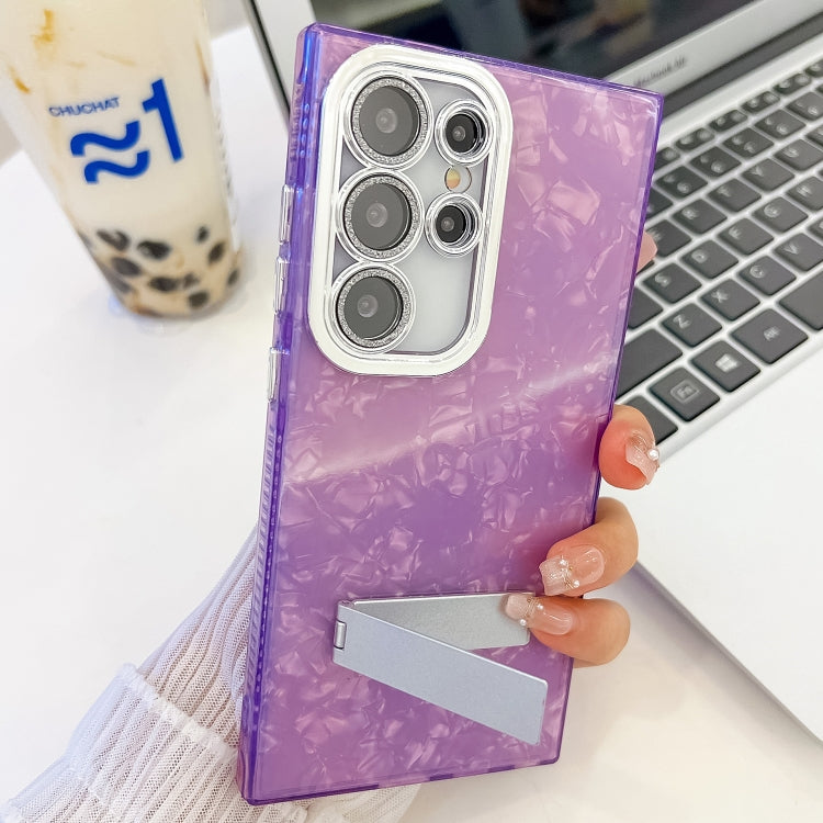 For Samsung Galaxy S25 Ultra 5G Plating Glitter Texture Fold Holder TPU Phone Case with Lens Film(Purple Wrinkles) - Galaxy S25 Ultra 5G Cases by PMC Jewellery | Online Shopping South Africa | PMC Jewellery | Buy Now Pay Later Mobicred