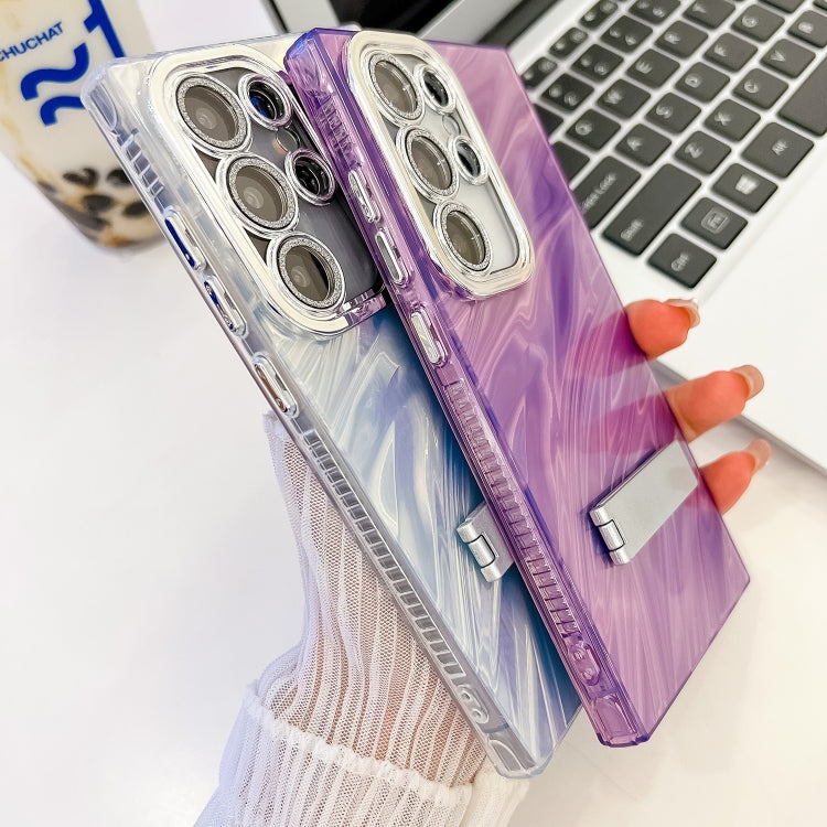 For Samsung Galaxy S25 Ultra 5G Plating Glitter Texture Fold Holder TPU Phone Case with Lens Film(Purple Feathers) - Galaxy S25 Ultra 5G Cases by PMC Jewellery | Online Shopping South Africa | PMC Jewellery | Buy Now Pay Later Mobicred