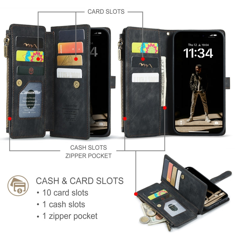 For iPhone 16 Pro Max CaseMe C30 Card Slots Zipper Wallet Leather Phone Case(Black) - free shipping - PMC Jewellery - Order now!