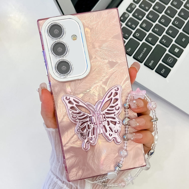 For Samsung Galaxy S25 5G Plating Glitter Lens Film Texture Butterfly Holder Wristband Phone Case(Pink Feathers) - Galaxy S25 5G Cases by PMC Jewellery | Online Shopping South Africa | PMC Jewellery | Buy Now Pay Later Mobicred