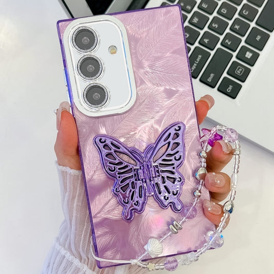 For Samsung Galaxy S25 5G Plating Glitter Lens Film Texture Butterfly Holder Wristband Phone Case(Purple Feathers) - Galaxy S25 5G Cases by PMC Jewellery | Online Shopping South Africa | PMC Jewellery | Buy Now Pay Later Mobicred