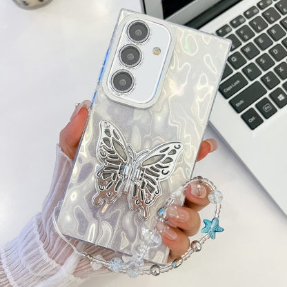 For Samsung Galaxy S25 5G Plating Glitter Lens Film Texture Butterfly Holder Wristband Phone Case(White Wrinkles) - Galaxy S25 5G Cases by PMC Jewellery | Online Shopping South Africa | PMC Jewellery | Buy Now Pay Later Mobicred