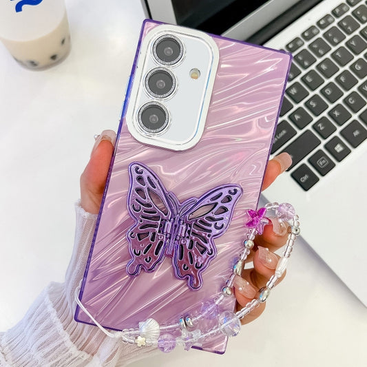 For Samsung Galaxy S25+ 5G Plating Glitter Lens Film Texture Butterfly Holder Wristband Phone Case(Purple Water Ripples) - Galaxy S25+ 5G Cases by PMC Jewellery | Online Shopping South Africa | PMC Jewellery | Buy Now Pay Later Mobicred