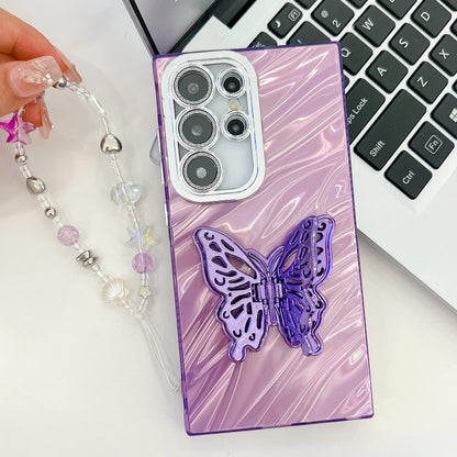 For Samsung Galaxy S25 Ultra 5G Plating Glitter Lens Film Texture Butterfly Holder Wristband Phone Case(Purple Feathers) - Galaxy S25 Ultra 5G Cases by PMC Jewellery | Online Shopping South Africa | PMC Jewellery | Buy Now Pay Later Mobicred