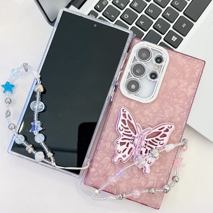 For Samsung Galaxy S25+ 5G Plating Glitter Lens Film Texture Butterfly Holder Wristband Phone Case(Pink Tinfoil Texture) - Galaxy S25+ 5G Cases by PMC Jewellery | Online Shopping South Africa | PMC Jewellery | Buy Now Pay Later Mobicred