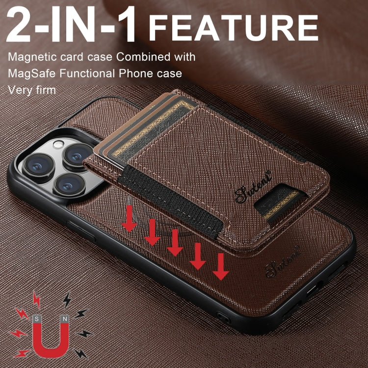 For iPhone 16 Pro Max Suteni H17 Cross Grain Leather MagSafe Detachable Wallet Phone Case(Brown) - iPhone 16 Pro Max Cases by Suteni | Online Shopping South Africa | PMC Jewellery | Buy Now Pay Later Mobicred