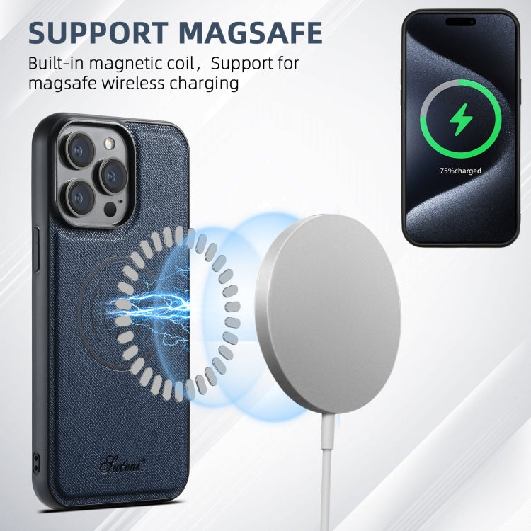 For iPhone 16 Pro Max Suteni H17 Cross Grain Leather MagSafe Detachable Wallet Phone Case(Blue) - free shipping - PMC Jewellery - Order now!