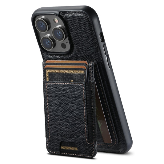 For iPhone 16 Pro Suteni H17 Cross Grain Leather MagSafe Detachable Wallet Phone Case(Black) - iPhone 16 Pro Cases by Suteni | Online Shopping South Africa | PMC Jewellery | Buy Now Pay Later Mobicred