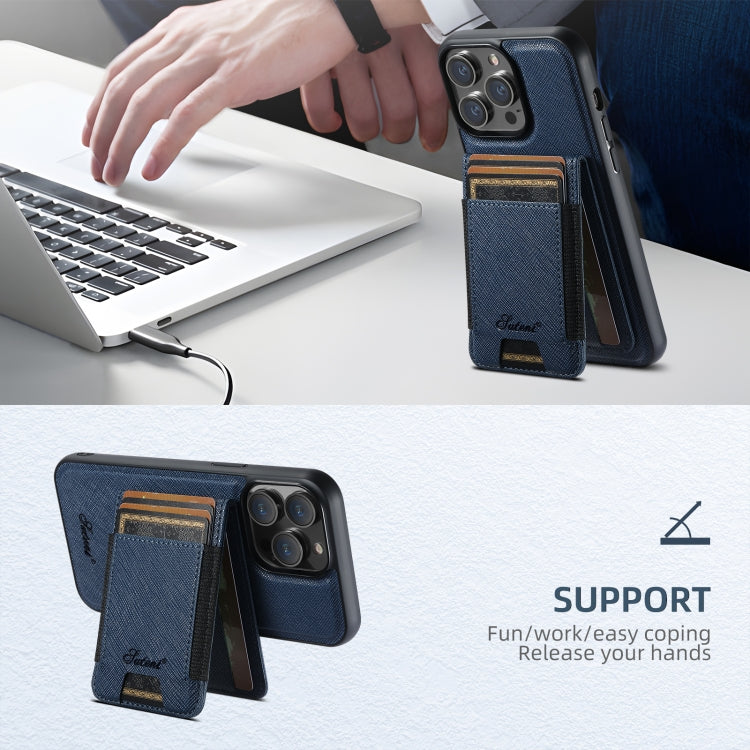 For iPhone 14 Suteni H17 Cross Grain Leather MagSafe Detachable Wallet Phone Case(Blue) - free shipping - PMC Jewellery - Order now!
