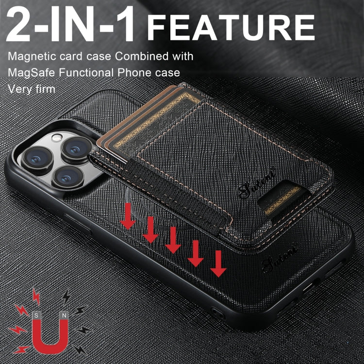 For iPhone 12 Suteni H17 Cross Grain Leather MagSafe Detachable Wallet Phone Case(Black) - iPhone 12 / 12 Pro Cases by Suteni | Online Shopping South Africa | PMC Jewellery | Buy Now Pay Later Mobicred