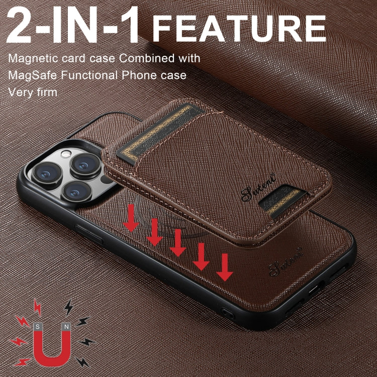 For iPhone 16 Pro Suteni H18 Cross Grain MagSafe Wallet Leather Phone Case(Brown) - iPhone 16 Pro Cases by Suteni | Online Shopping South Africa | PMC Jewellery | Buy Now Pay Later Mobicred